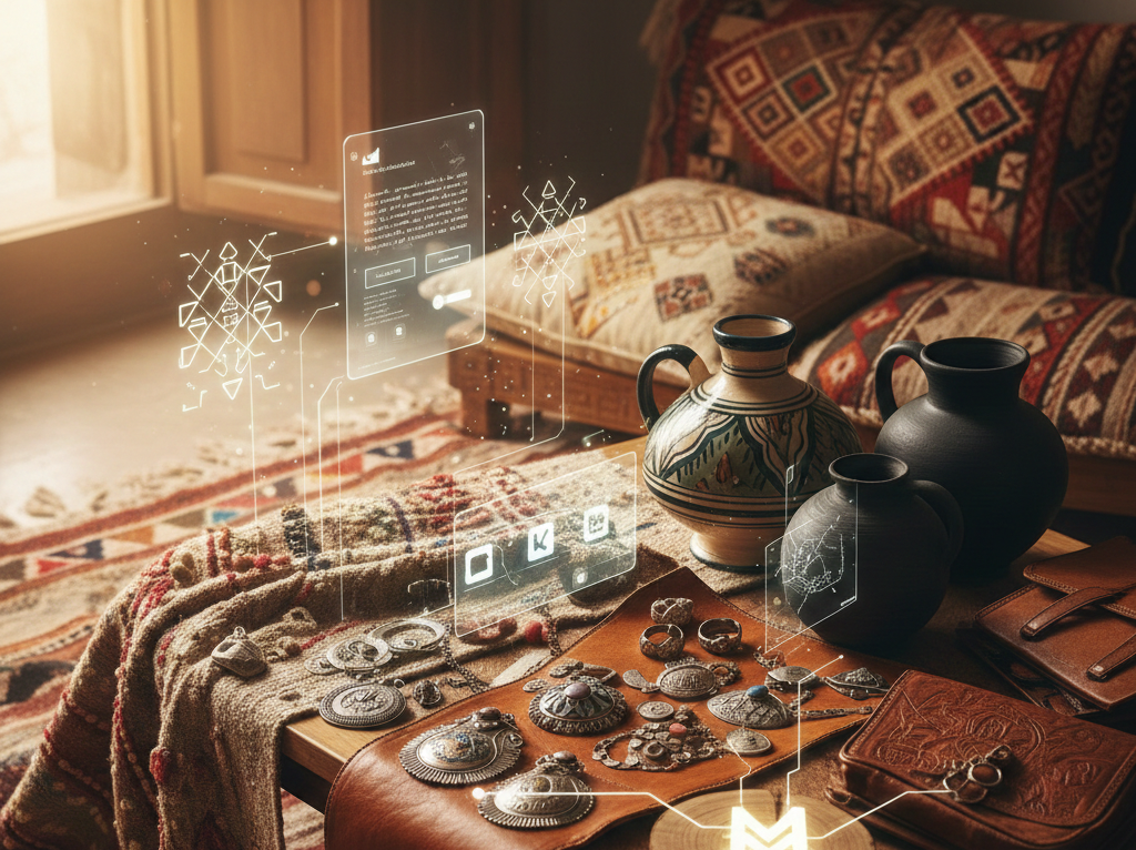 "Marketplace artisanale Maroc présentant l’artisanat marocain : tapis tissés main, poterie, bijoux amazighs et broderies, alliant tradition et digital avec Win by Win